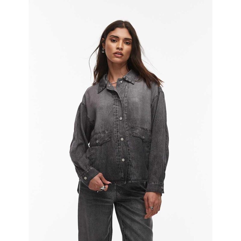 Allsaints Hettie denim button down shacket in grey - BLACK 108354446