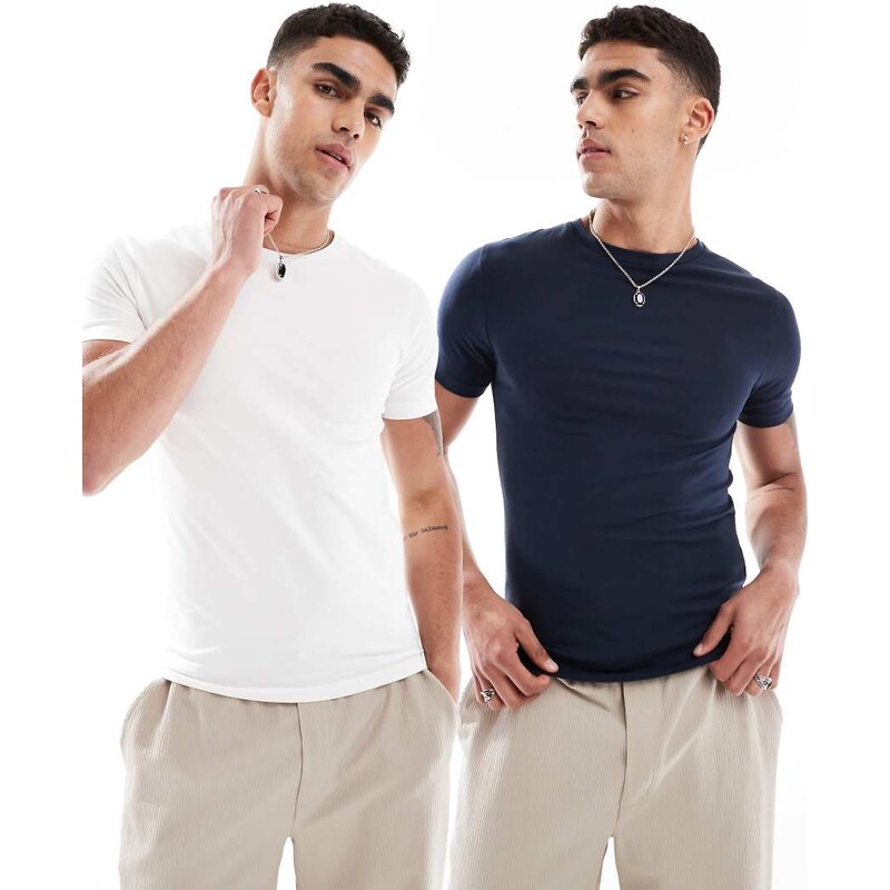 ASOS DESIGN Essentials 2 pack muscle fit t-shirts in cream and