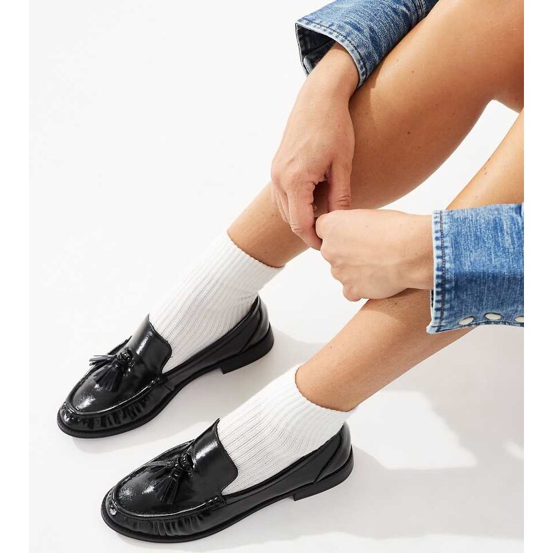 London Rebel Wide Fit Sadie ruched detailing tassel loafers in