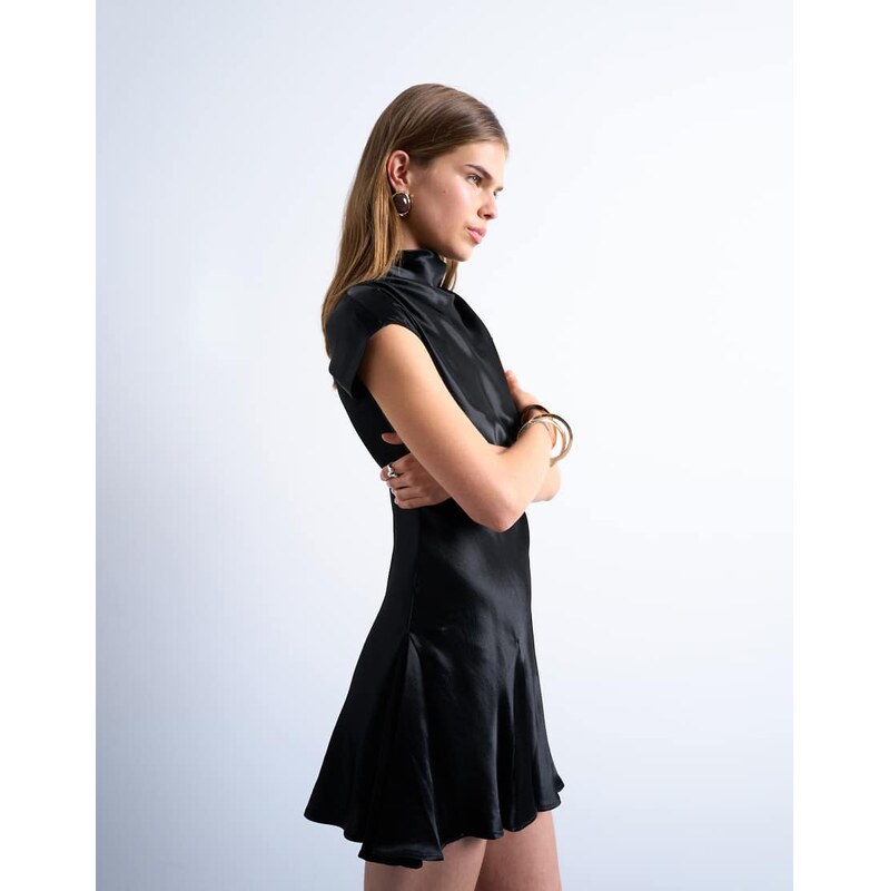 Topshop grown on sleeve satin dress in black