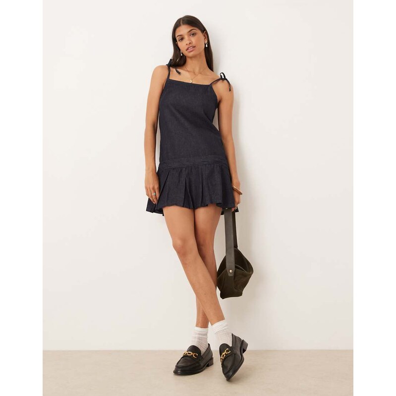 ASOS DESIGN denim cami mini dress with pleated hem in rinse-Blue