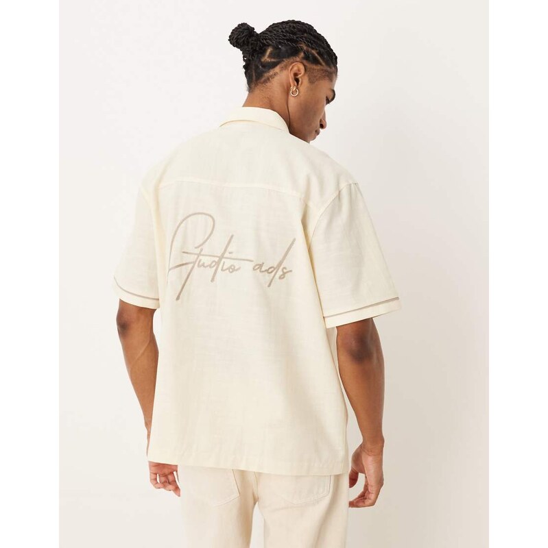 ASOS DESIGN relaxed shirt with back print in beige-Neutral