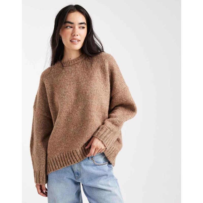 ASOS DESIGN oversized crew neck jumper with curved hem in dark beige 108431010