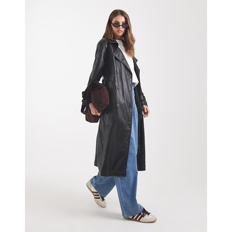 ASOS DESIGN leather look trench coat in black 108801323