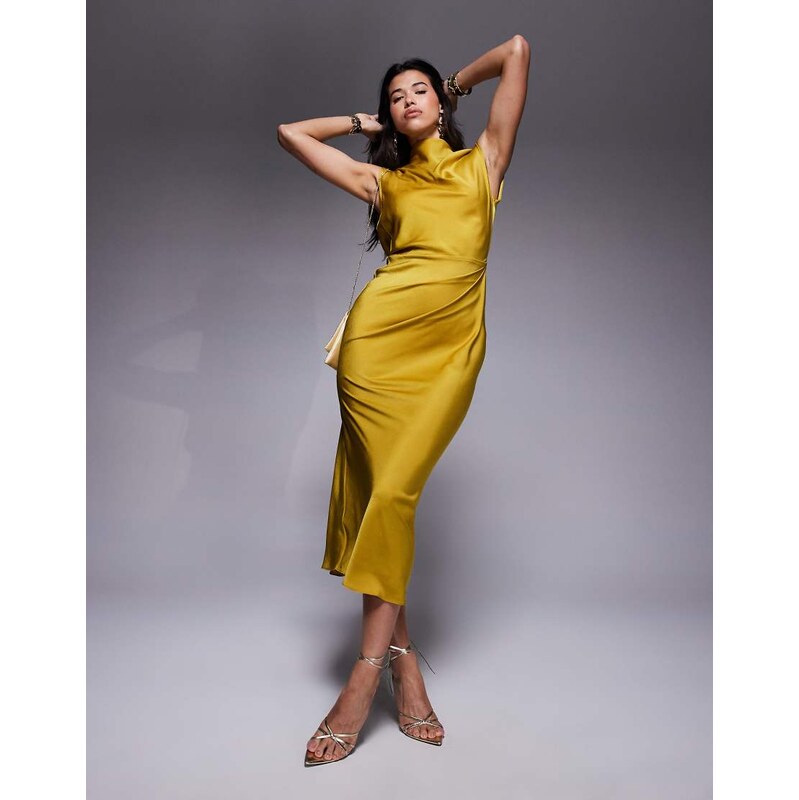ASOS DESIGN satin high neck pleated bodice midi dress in
