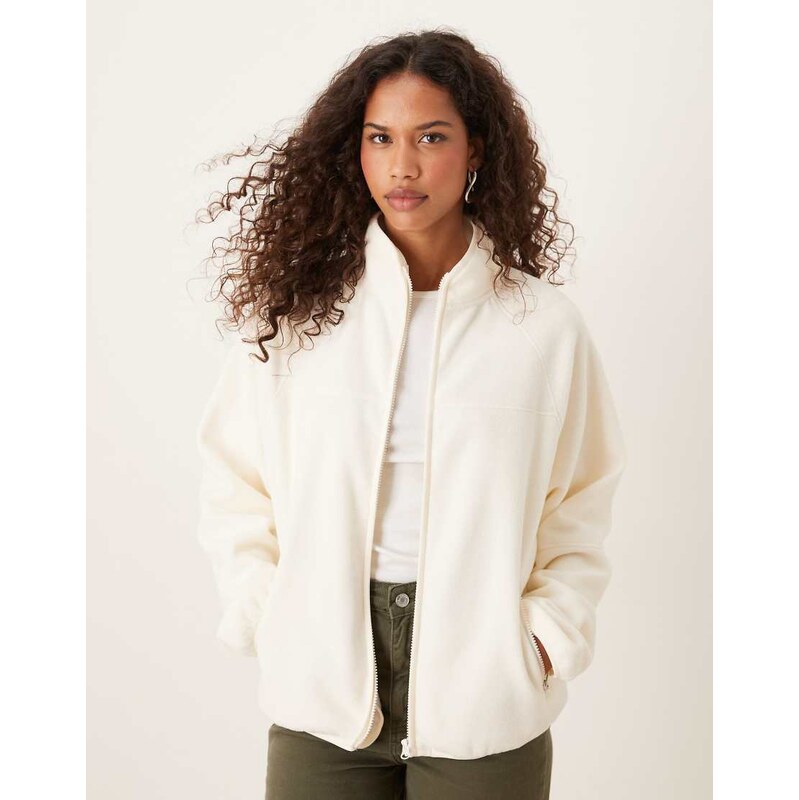 ASOS DESIGN zip through fleece in cream-White