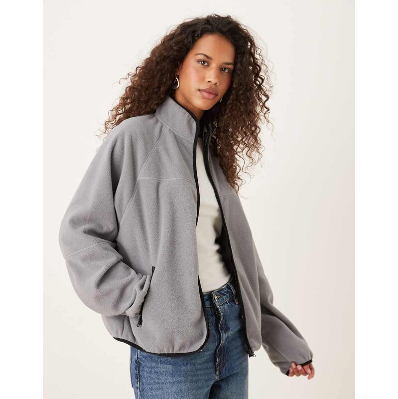 ASOS DESIGN zip through fleece in charcoal with black binding