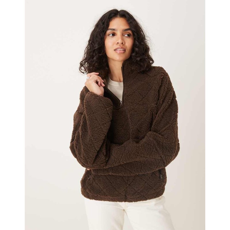 ASOS DESIGN quilted borg half zip through fleece in chocolate brown 108031486