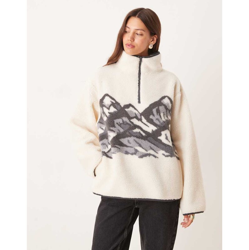 ASOS DESIGN borg half zip fleece with placement mountain print in 108031487