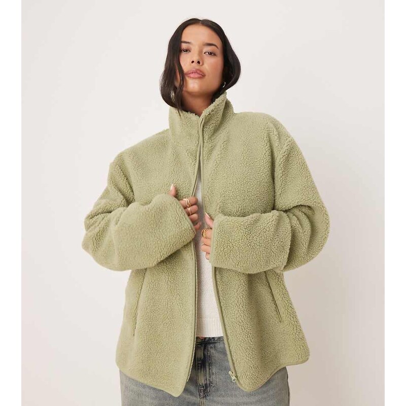 ASOS Curve ASOS DESIGN Curve borg zip through fleece in sage green 108039079