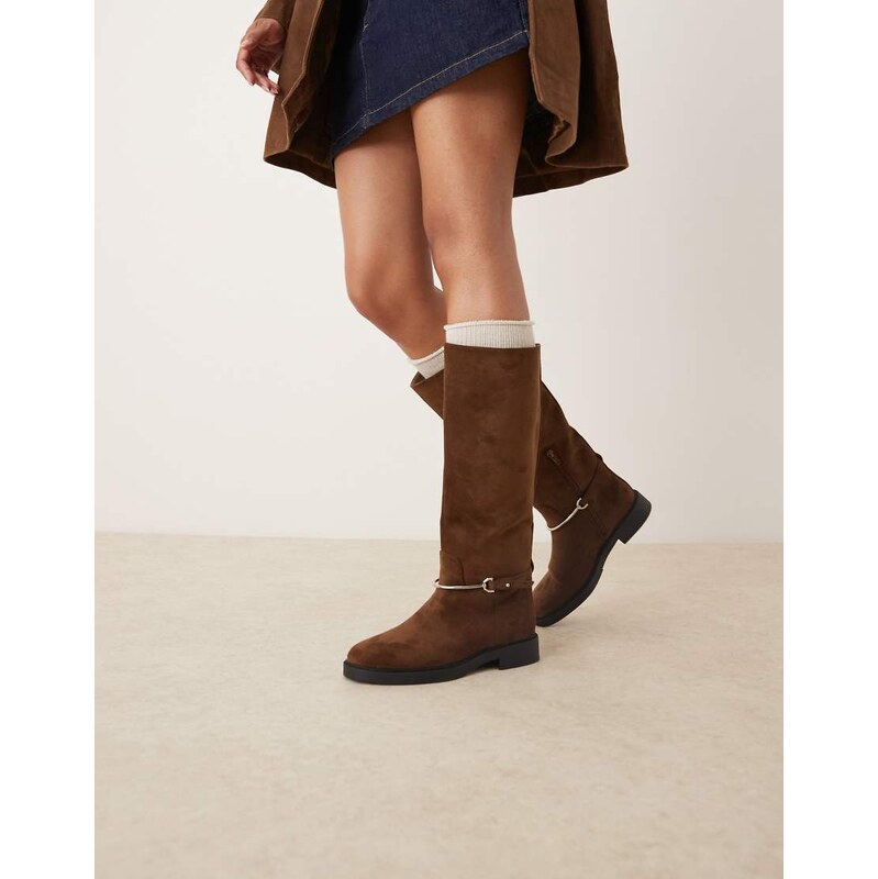 ASOS DESIGN Cole flat riding knee boots in chocolate suedette with 108031541