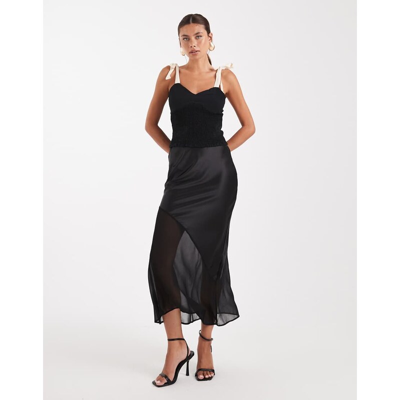 New Look satin and chiffon bias midi skirt in black