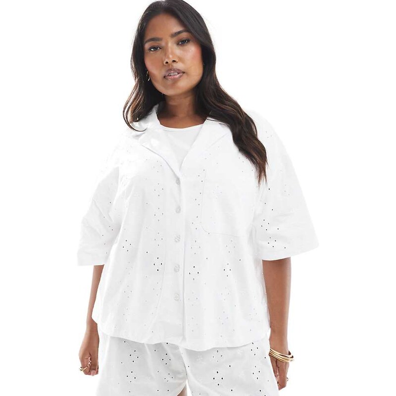 ASOS Curve ASOS DESIGN curve broderie resort shirt co-ord in white 114408346