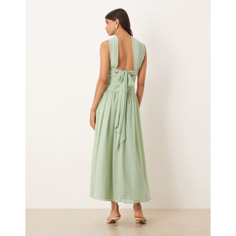 ASOS DESIGN scarf tie back drop waist midi dress in sage green
