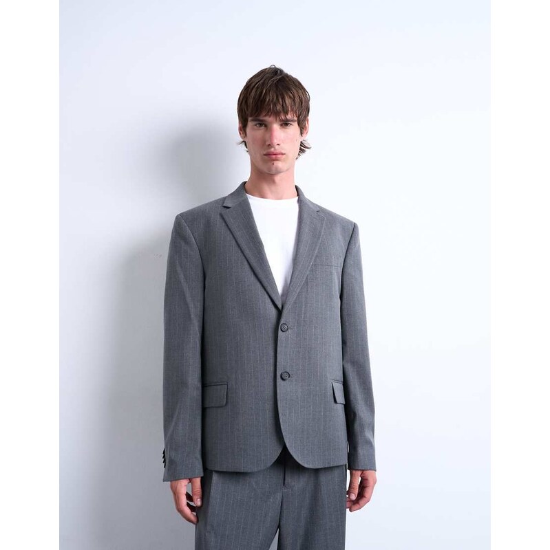 Topman relaxed boxy blazer in charcoal pinstripe-Grey