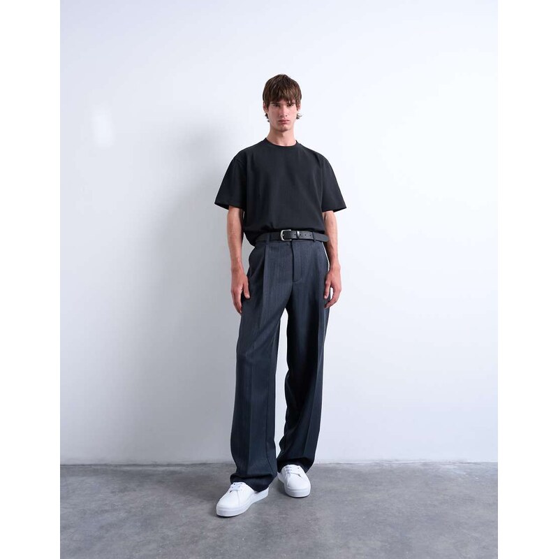 Topman wide leg pleated stripe trouser in grey