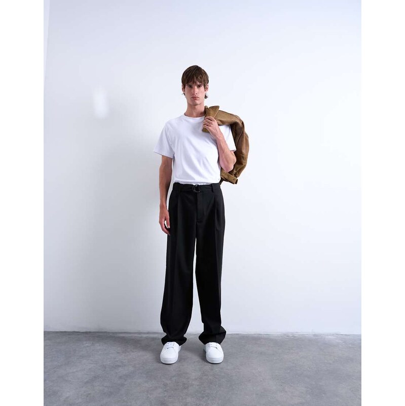 Topman wide leg belted twill smart trousers in black