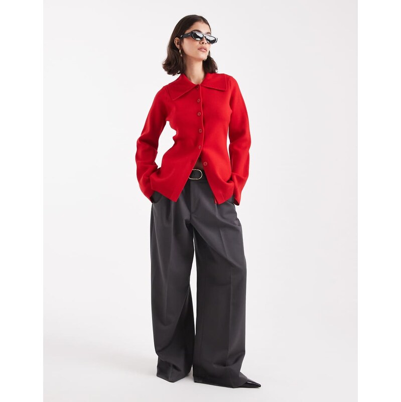 ASOS DESIGN Premium compact knit cardigan with collar detail in red 108031704