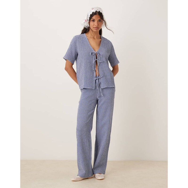 JDY seersucker wide leg trousers co-ord in blue gingham