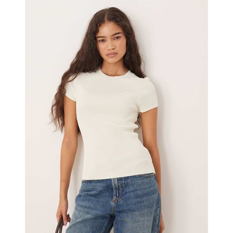 Mango round neck short sleeve knitted top in white