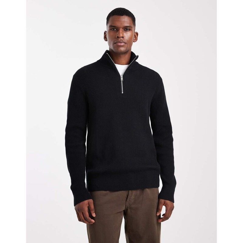 Jack & Jones knitted quarter zip jumper in black