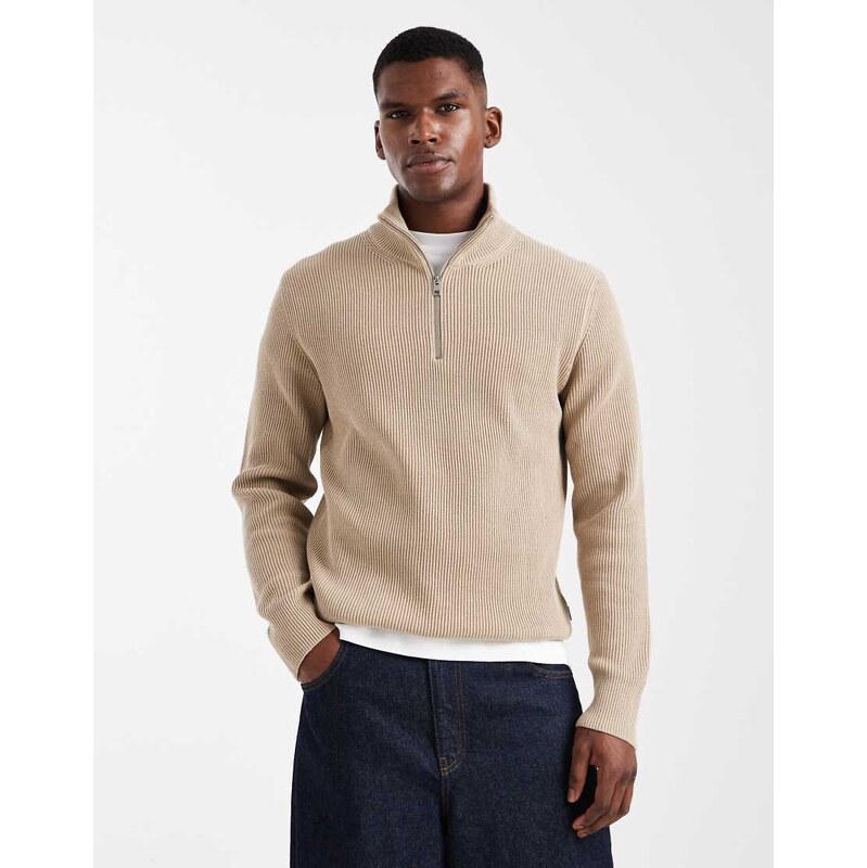 Jack & Jones knitted quarter zip jumper in beige-Neutral