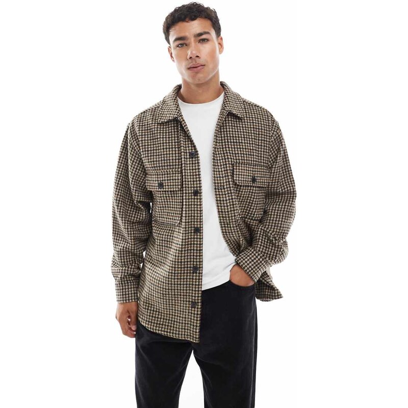 Jack & Jones overshirt in tweed check-Brown
