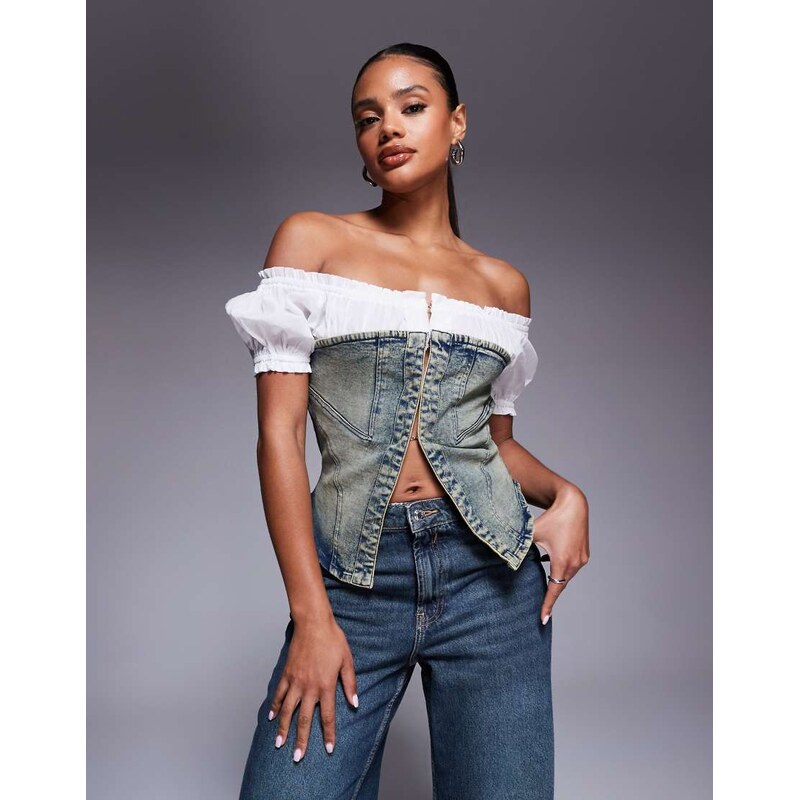 Liquor N Poker hook eye denim corset with milkmaid sleeves in acid 108031655