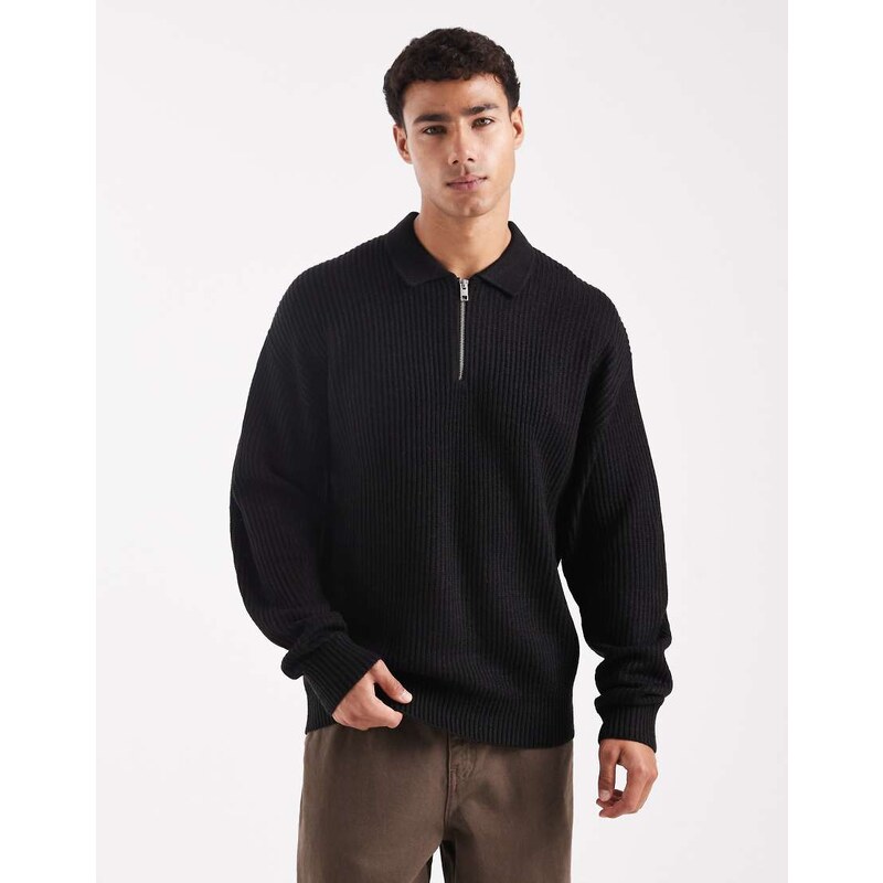 JJ Rebel oversize knitted polo in black