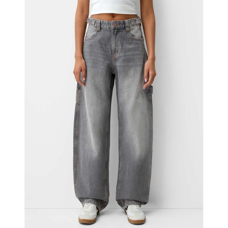 Bershka adjustable balloon fit carpenter jeans in light grey 108031685