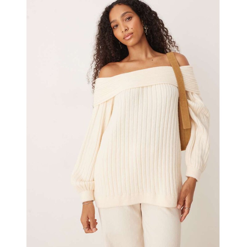 ASOS DESIGN oversized rib knit off shoulder jumper with balloon sleeve 108031739