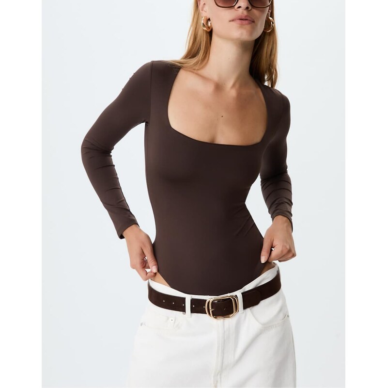 Stradivarius Polyamide bodysuit with square neckline in brown 108031762
