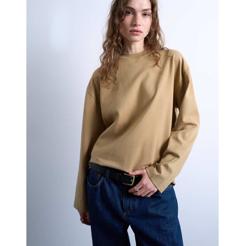 Topshop premium interlock long sleeve skater tee in pale khaki-Green 108031835