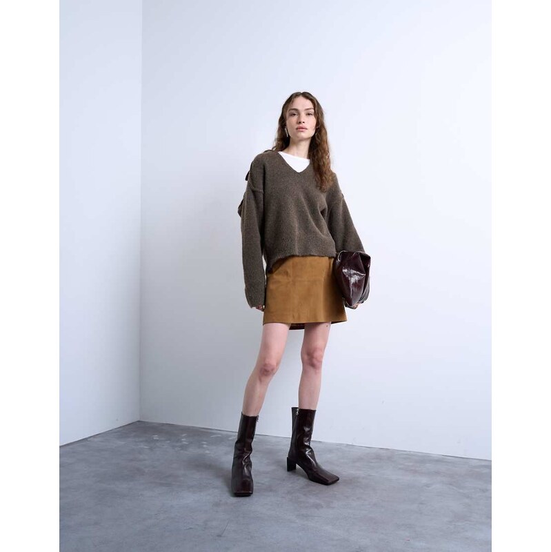 Topshop real suede seamed mini skirt in toffee-Brown 108039092