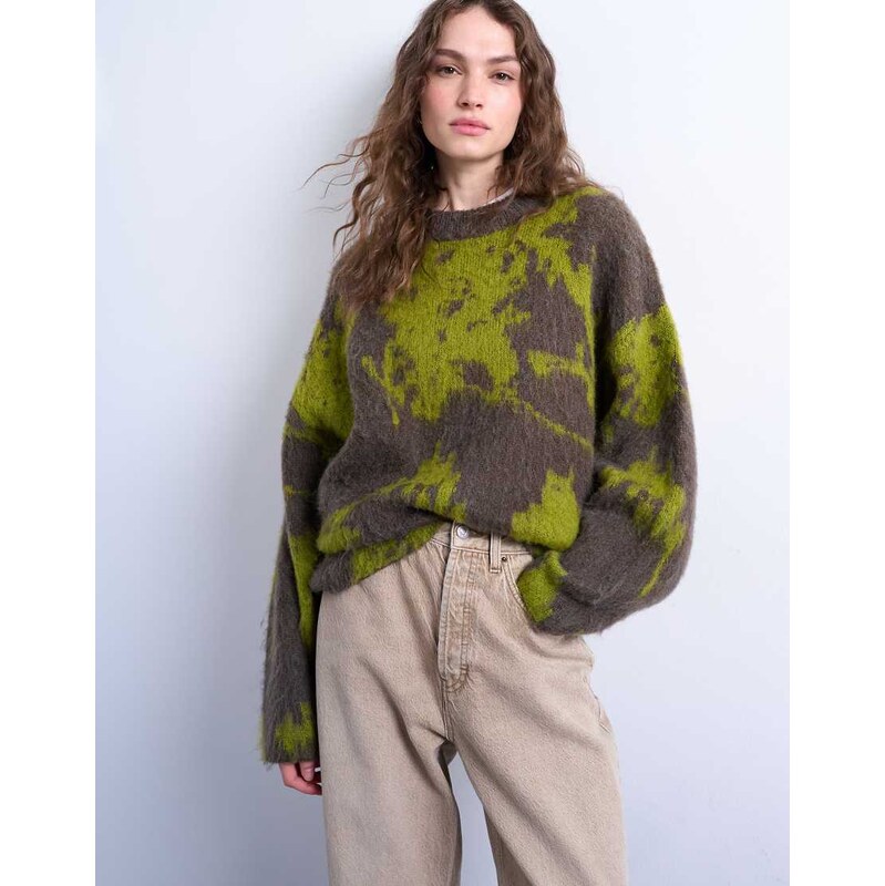 Topshop knitted blurred floral jumper in green 108039099