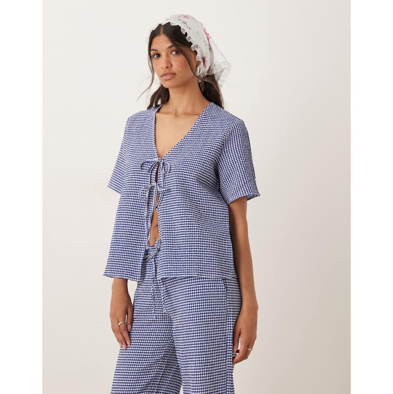 JDY tie front seersucker top co-ord in blue gingham
