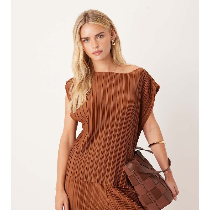 Vila Petite slash neck plisse top co-ord in bronze-Brown 108039174