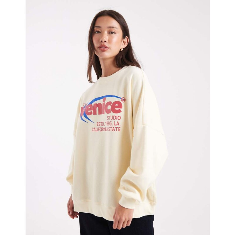 ONLY Venice print boxy sweatshirt in cream-White 108039177