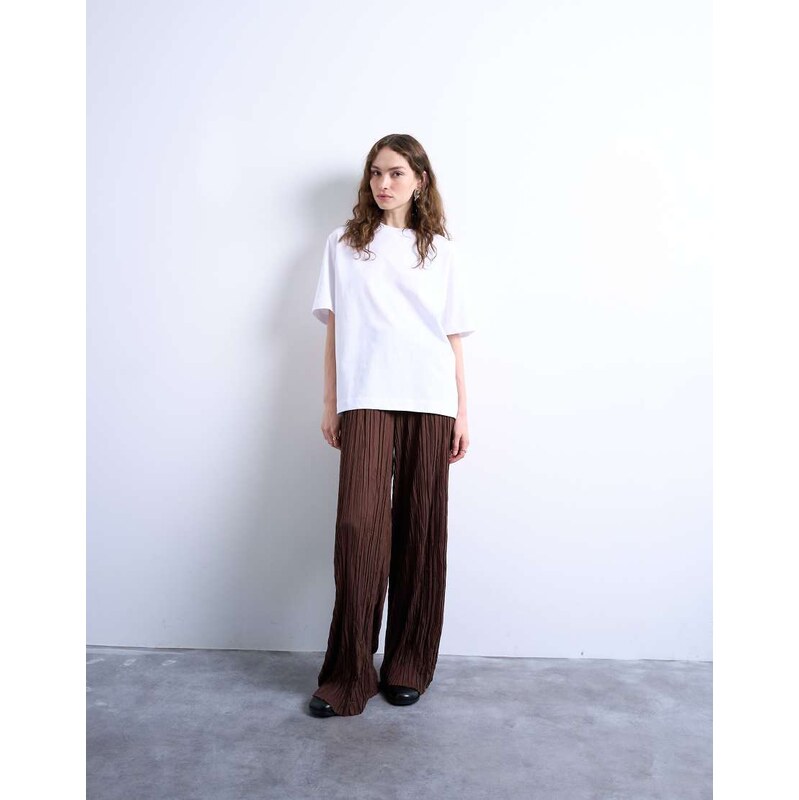 Topshop crinkle wide leg trousers in chocolate brown
