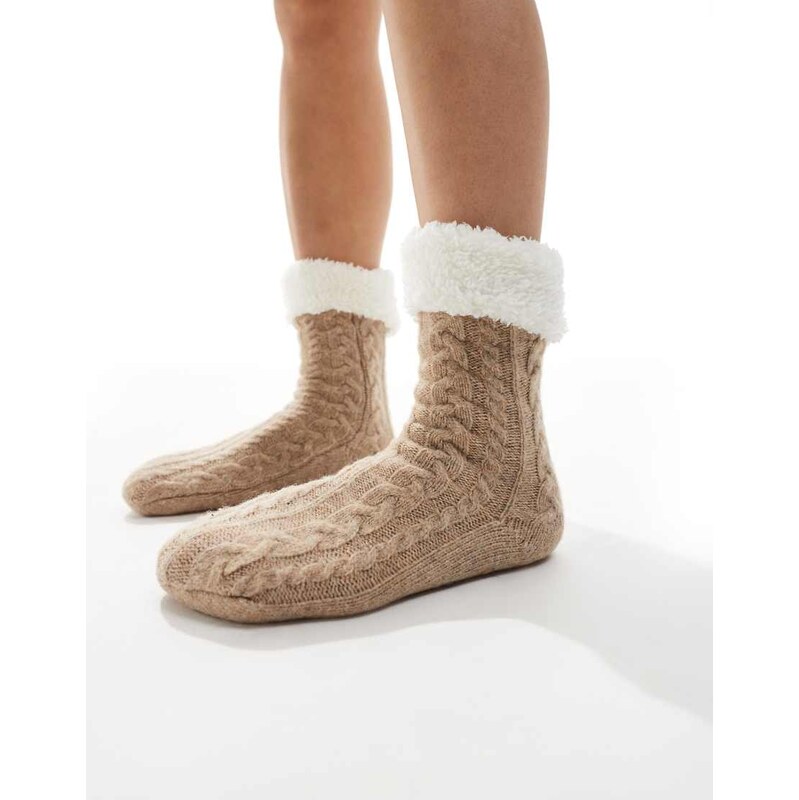 Loungeable cosy cable knit slipper sock with sherpa lining in