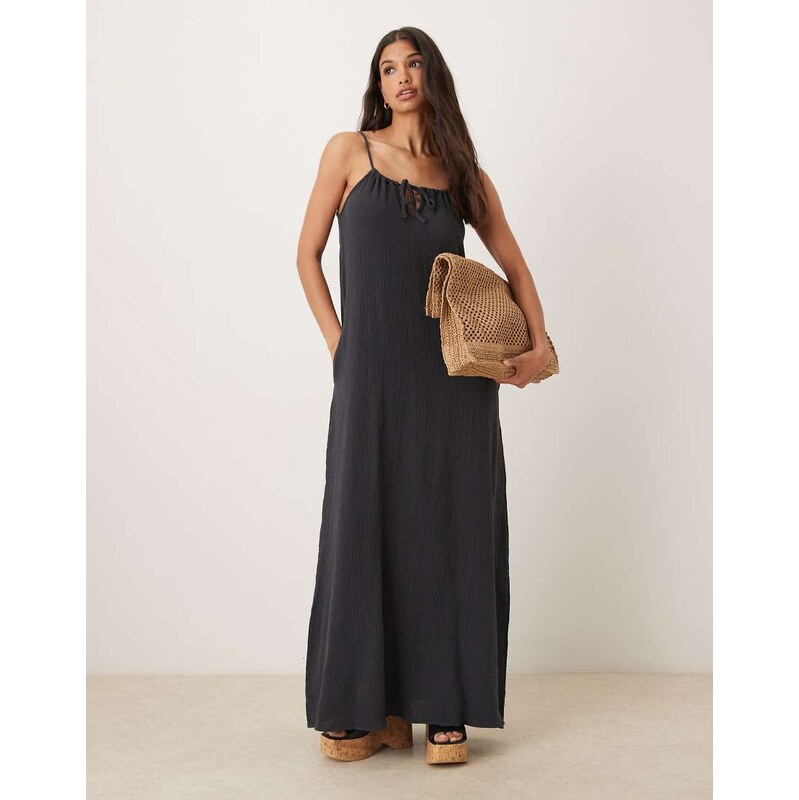 JDY cheesecloth sleeveless tie front maxi dress in charcoal-Grey