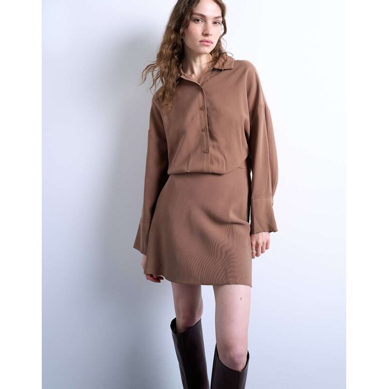 Topshop waisted micro mini shirt dress in brown cupro