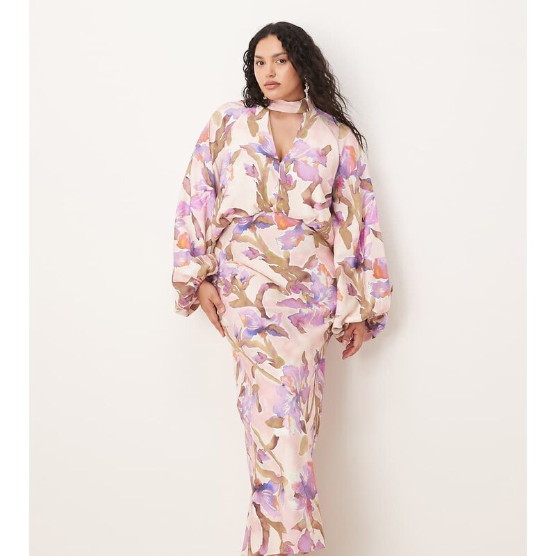 ASOS Curve ASOS DESIGN Curve high neck plunge maxi dress with blouson 109586293