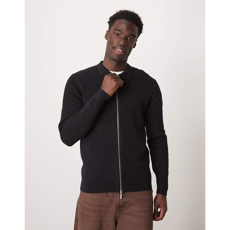Selected zip thru knitted long sleeve polo shirt in black