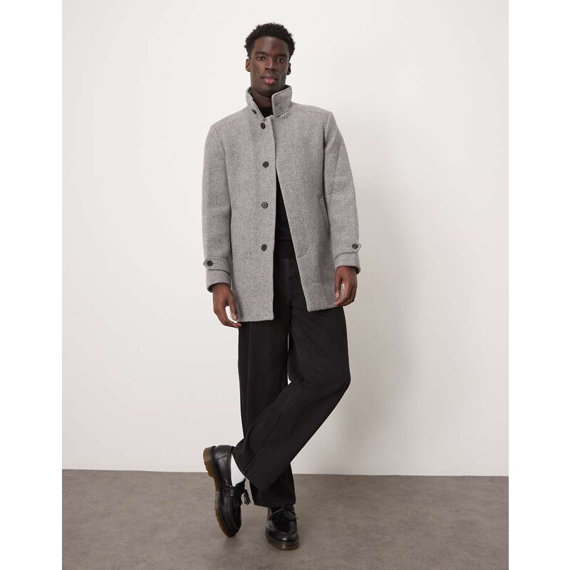 Selected Reuben overcoat with funnel neck in grey