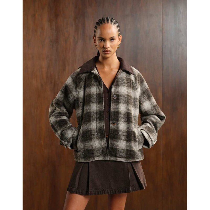 ASOS DESIGN jacket with contrast collar in mono check-Multi