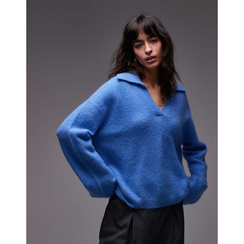 ARKET alpaca wool blend knitted jumper with polo collar in light blue 108042220