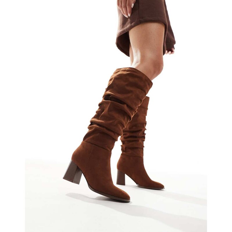 New Look faux suede ruched block heel knee boot in tan-Brown