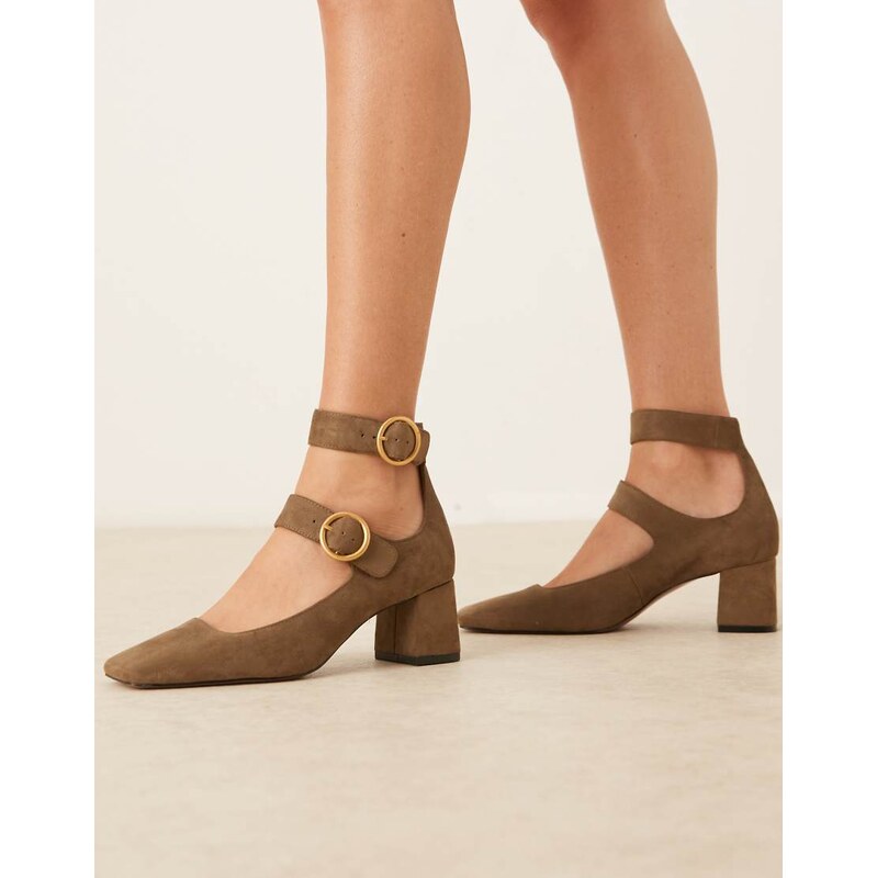 ASOS DESIGN Sasha double buckle strap mid block heel shoes in olive suedette-Green