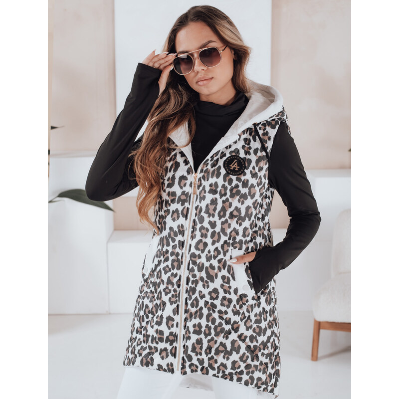 BASIC Bílá dámská asymetrická prošívaná vesta s leopardím vzorem